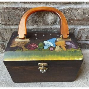 Vintage Hand-Painted Mushrooms Wooden Storage Box Case Tortoise Handle + Clasp